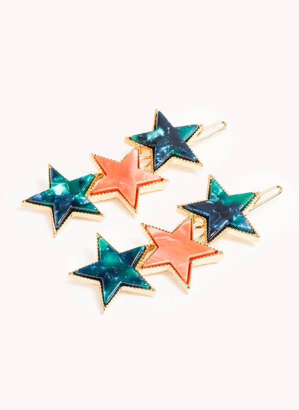 Marbelized Star Trio Clip - Colors: Green Emerald Night & Peach Travertino